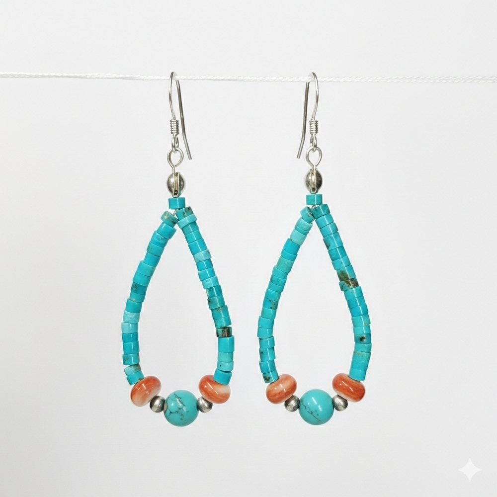 Turquoise 2.25" Earrings 925 Sterling Silver Heishi Native Beaded Spiney Oyster